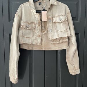 Tan Cropped Denim Jacket and skirt set